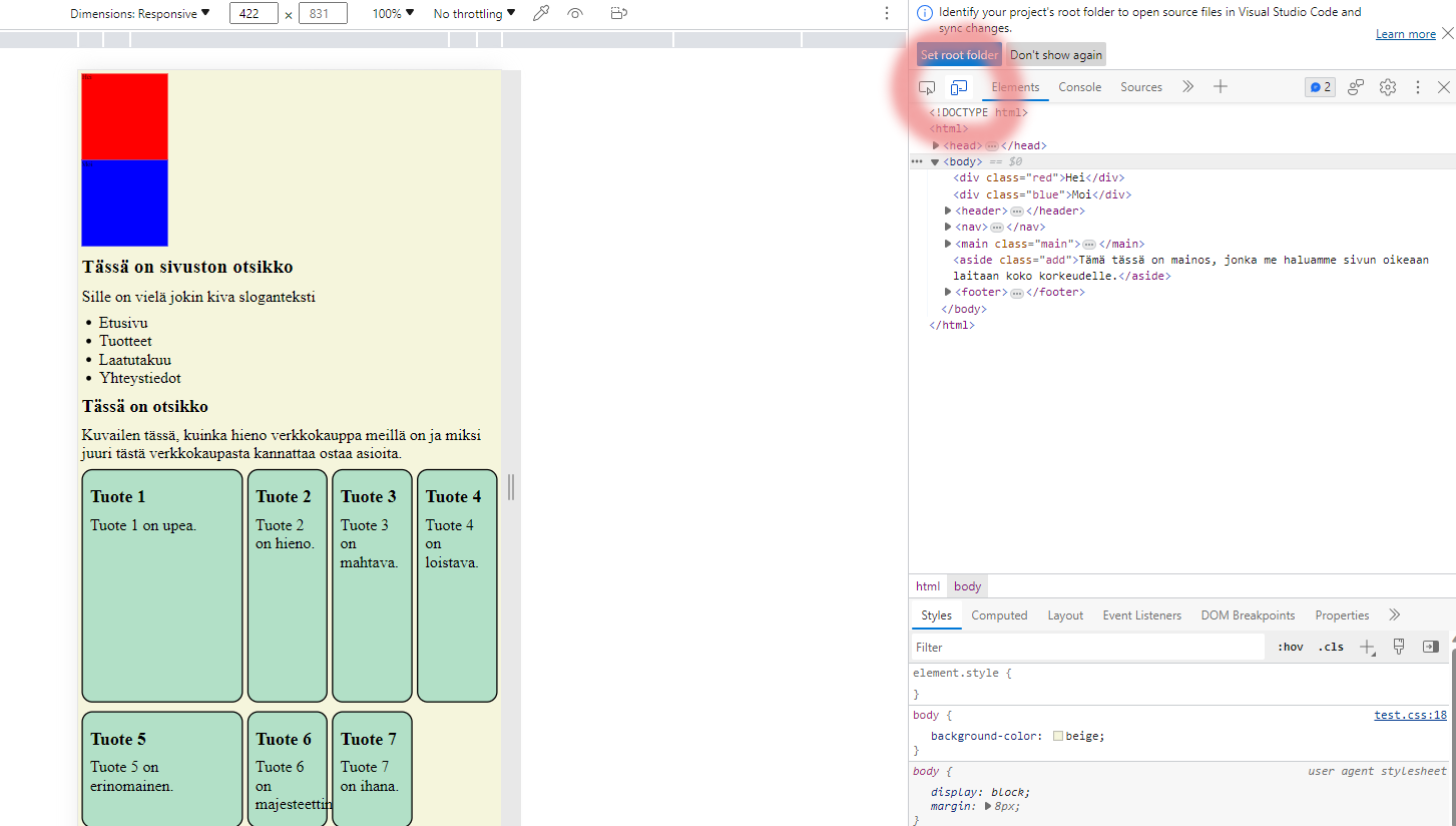 Kehittäjätyökalujen mobiilinäyttö
